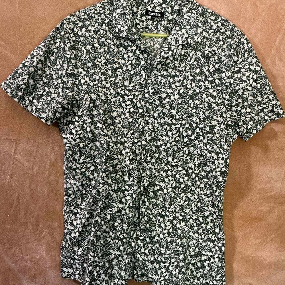Express Green and White Casual Button Down Shirt